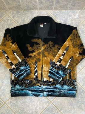 Women’s Teddy Jacket with Lighthouse Print - Black, Brown & Blue